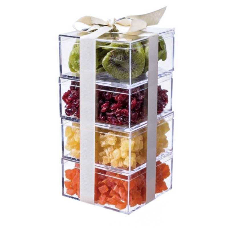 stacked food safe polystyrene boxes with dried fruit gift