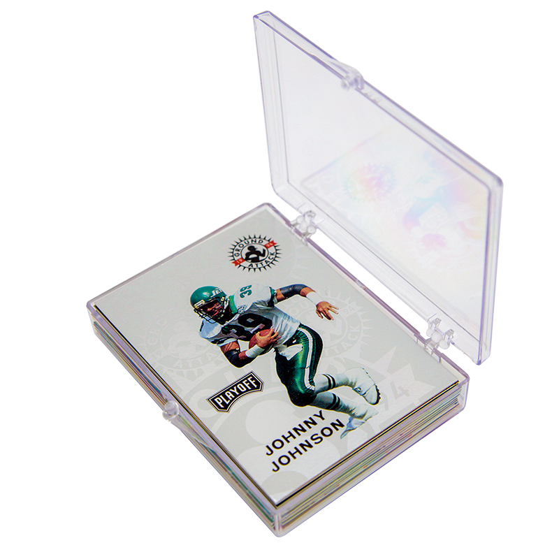 playing cards in a hinged plastic box.