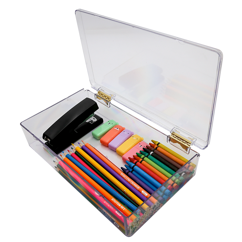 hinged plastic box with craft supplies