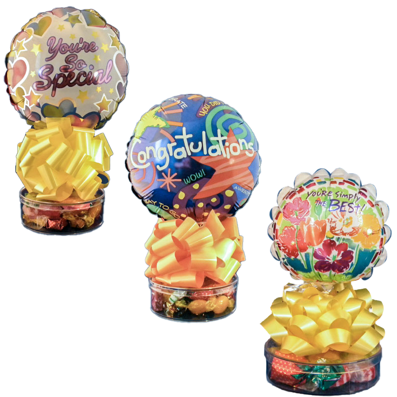 round plastic boxes with balloon topper