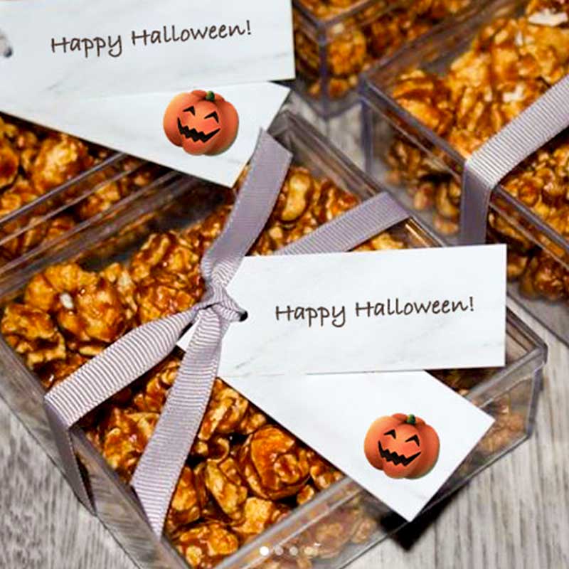 halloween caramel corn in rigid plastic box